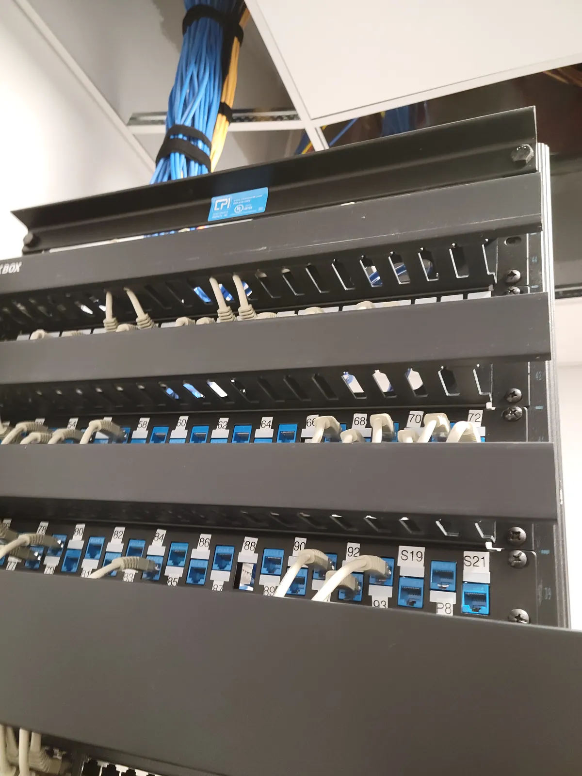 Patch panel with terminated Cat6 cabling
