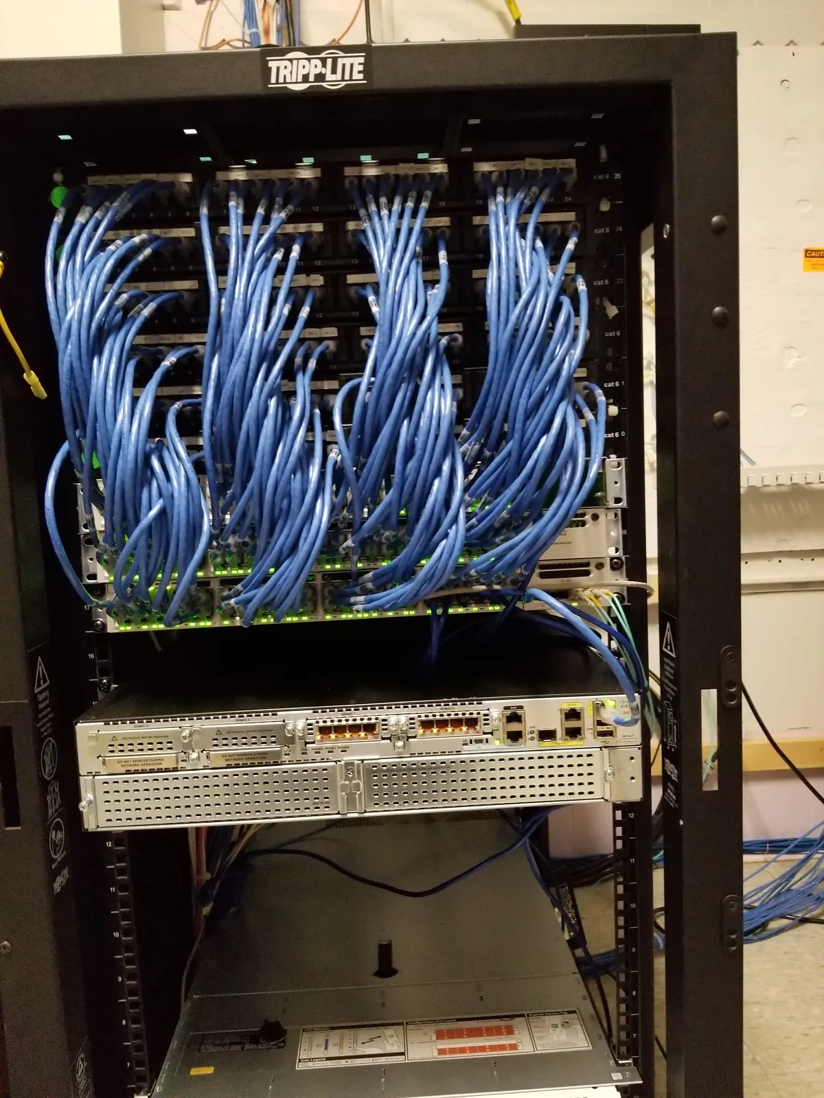 Rack of network switches with organized patch cabling