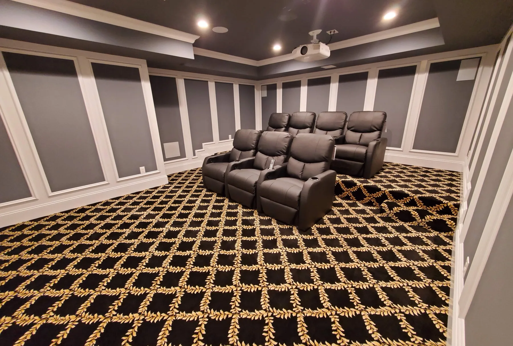 Dedicated home theater with projector, tiered leather seating and acoustic wall panels
